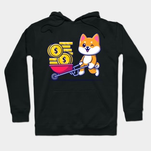 Cute Shiba Inu Dog Pushing Cart Gold Coin Cartoon Hoodie